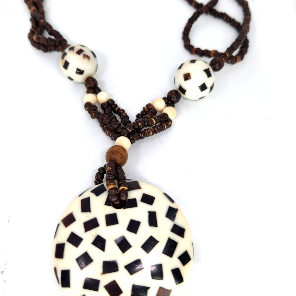 Vintage Black White Cow Bn Tribal Inlay Collar Statement Necklace Large Pendant